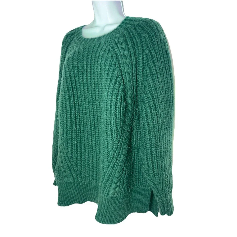 Aje Green Chunky Knit Braided Cable Sweater Women XL Wool Alpaca Blend